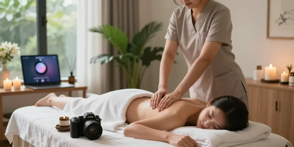 Serene in-home massage experience featuring 주안출장마사지 with a professional therapist comforting a client.