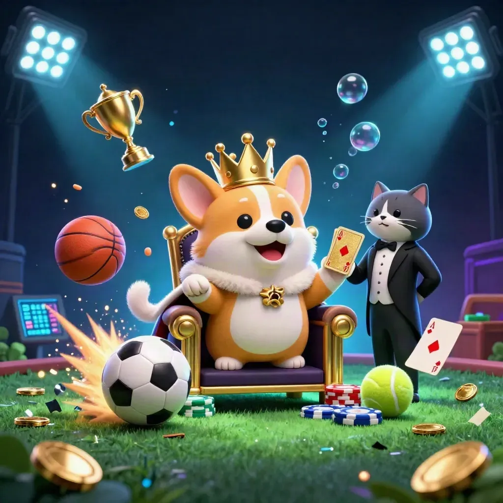 Royal corgi and cat butler amid flying sports balls, coins, trophy, and glowing casino lights.