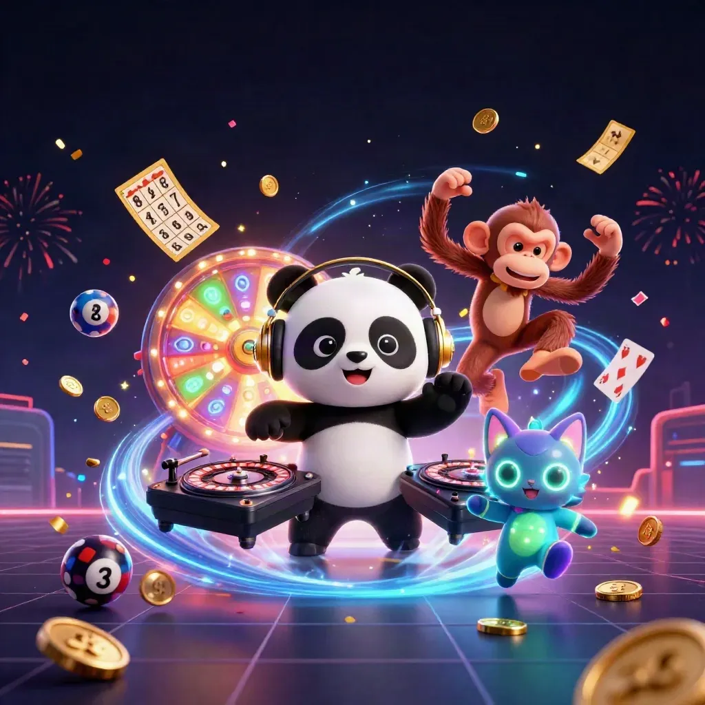 DJ panda, dancing monkey, and glow-stick kitten with casino lights and flying gold