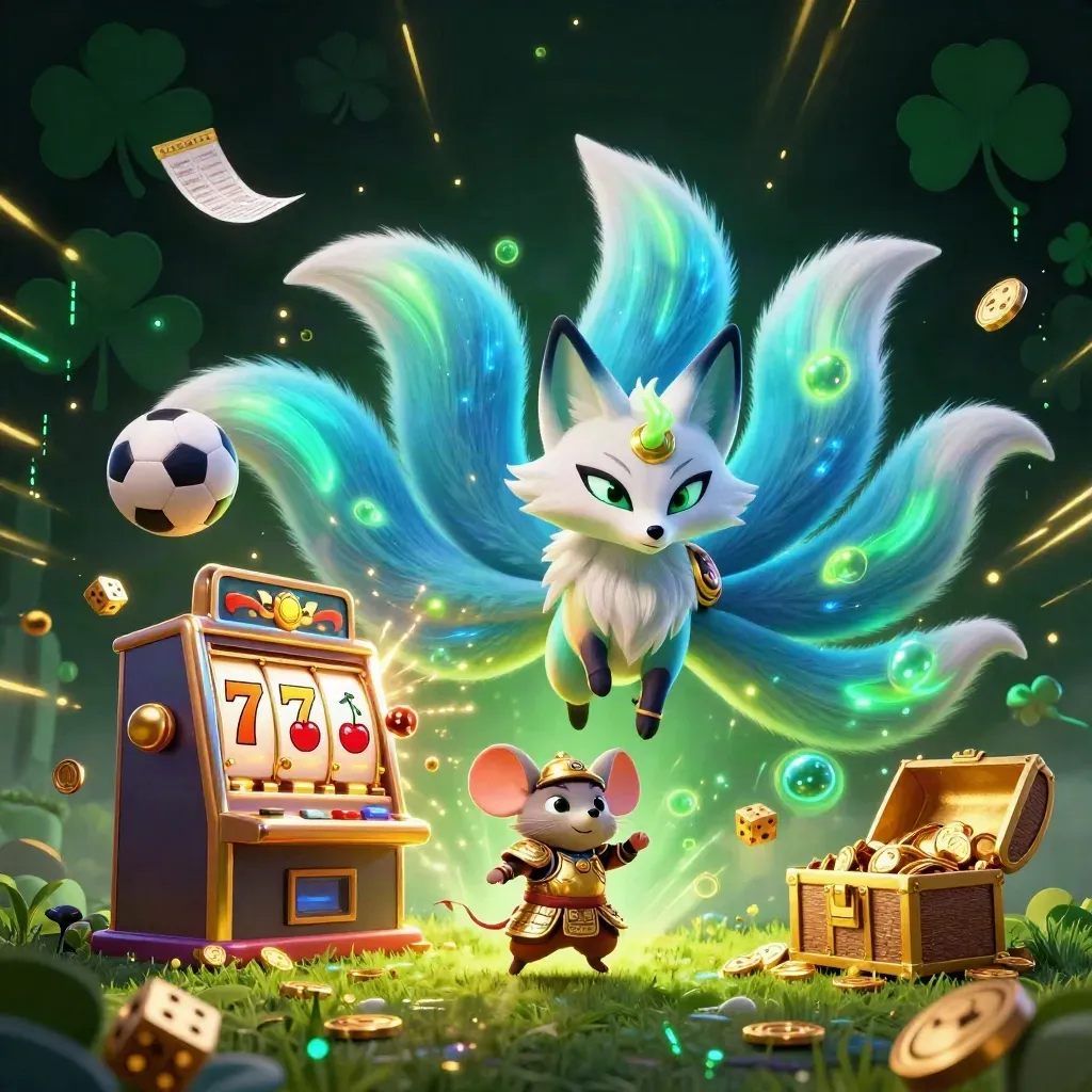 Neon fox spirit and armored mouse amid slot burst, flying dice, sports balls, and dark casino haze.