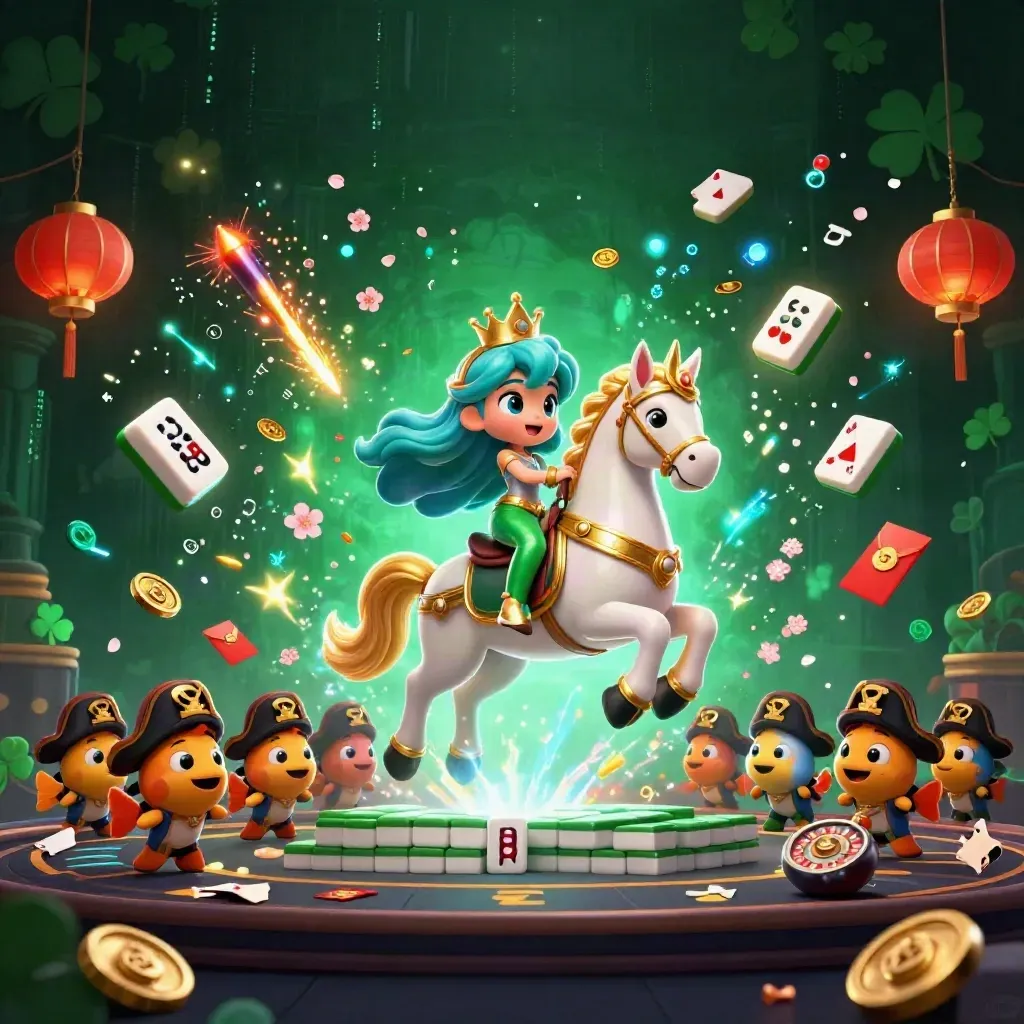 Mermaid princess on a golden seahorse amid casino treasure, neon sparks, and dark emerald glam.