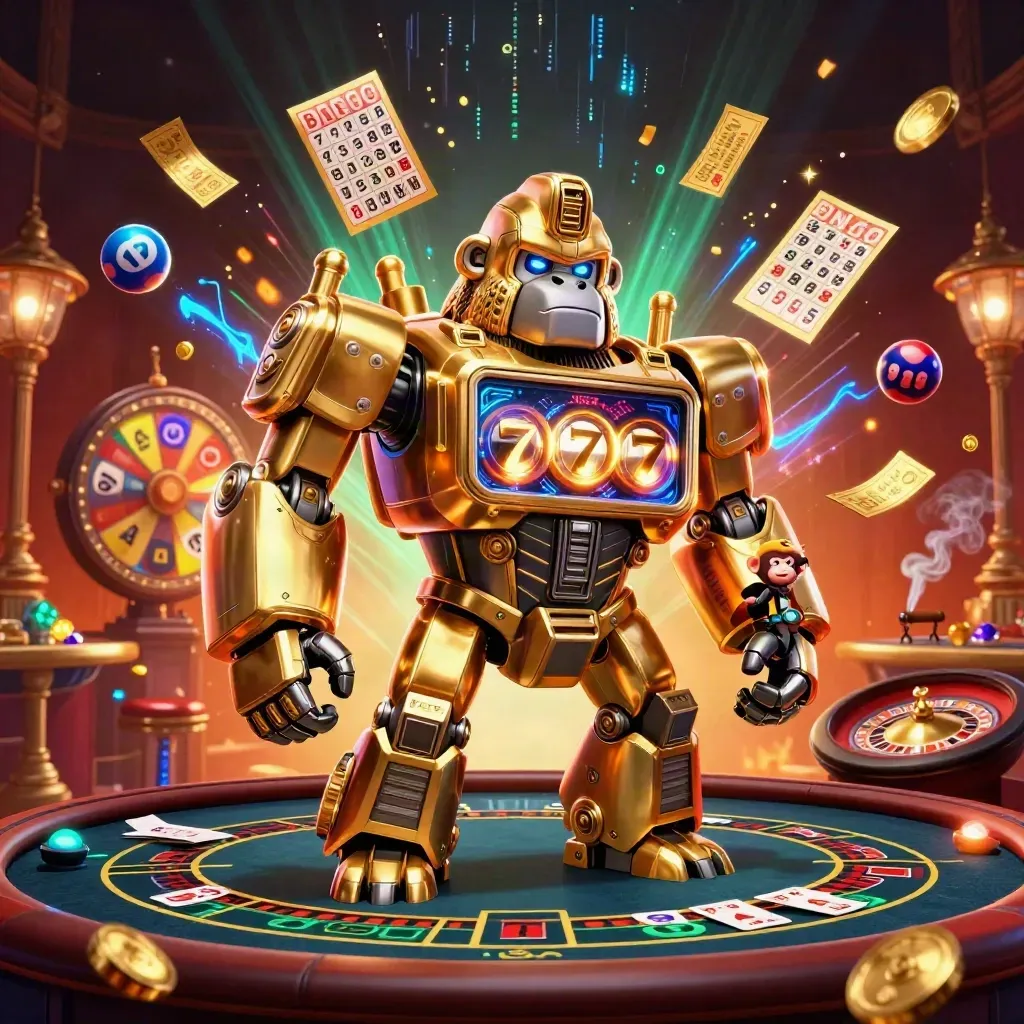 Golden gorilla mech with tiny monkey pilot amid casino glow, lottery balls, wheel, and neon energy.