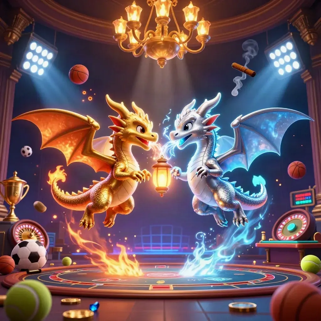 Two gold and silver dragons in neon casino action with sports balls, trophy, chipsless luxury, and glowing lights.