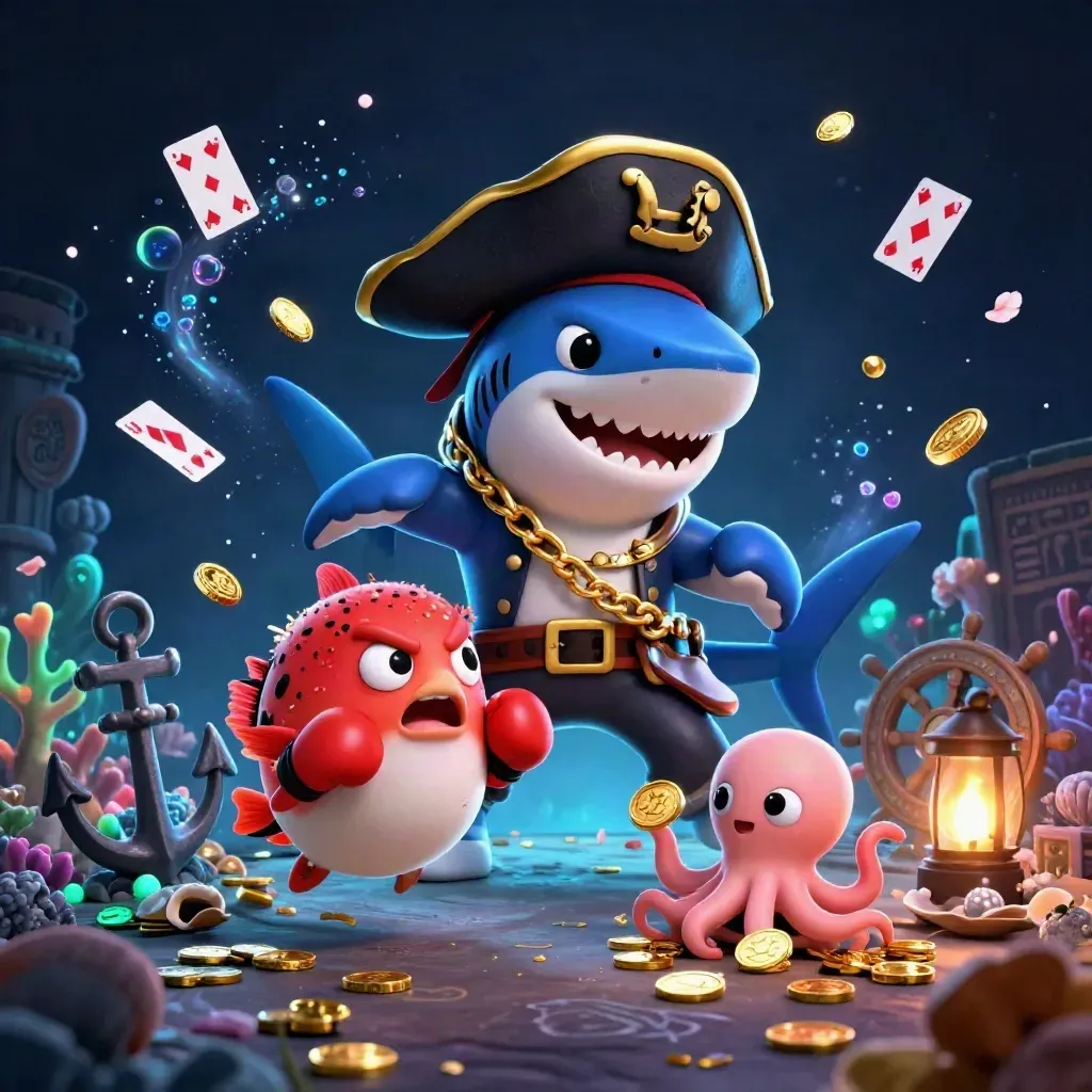 Pirate shark, boxing pufferfish, and coin-juggling octopus in an underwater treasure burst.