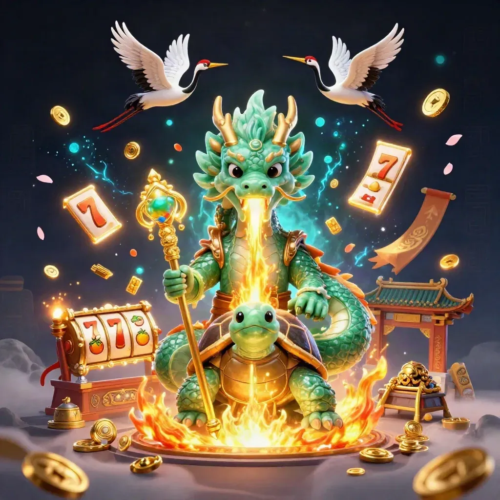 Emerald dragon, turtle sage, and cranes amid gold fire, coins, temple gate, and blue neon magic.