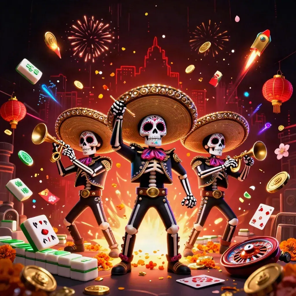 3 skeleton mariachi heroes amid a vault burst, coins, fireworks, lanterns, and neon casino glow
