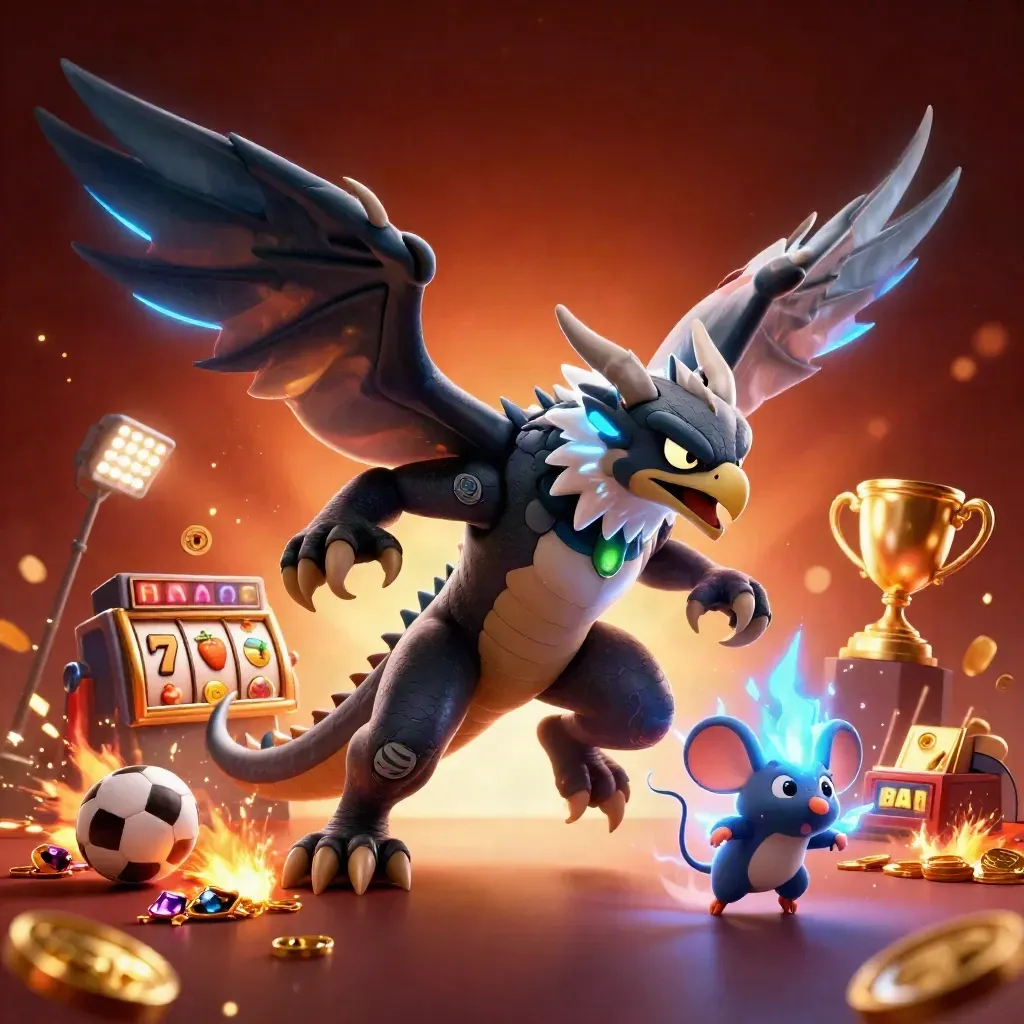 Thunder dragon, wind hawk, and spark mouse burst amid casino loot and glowing sports props.