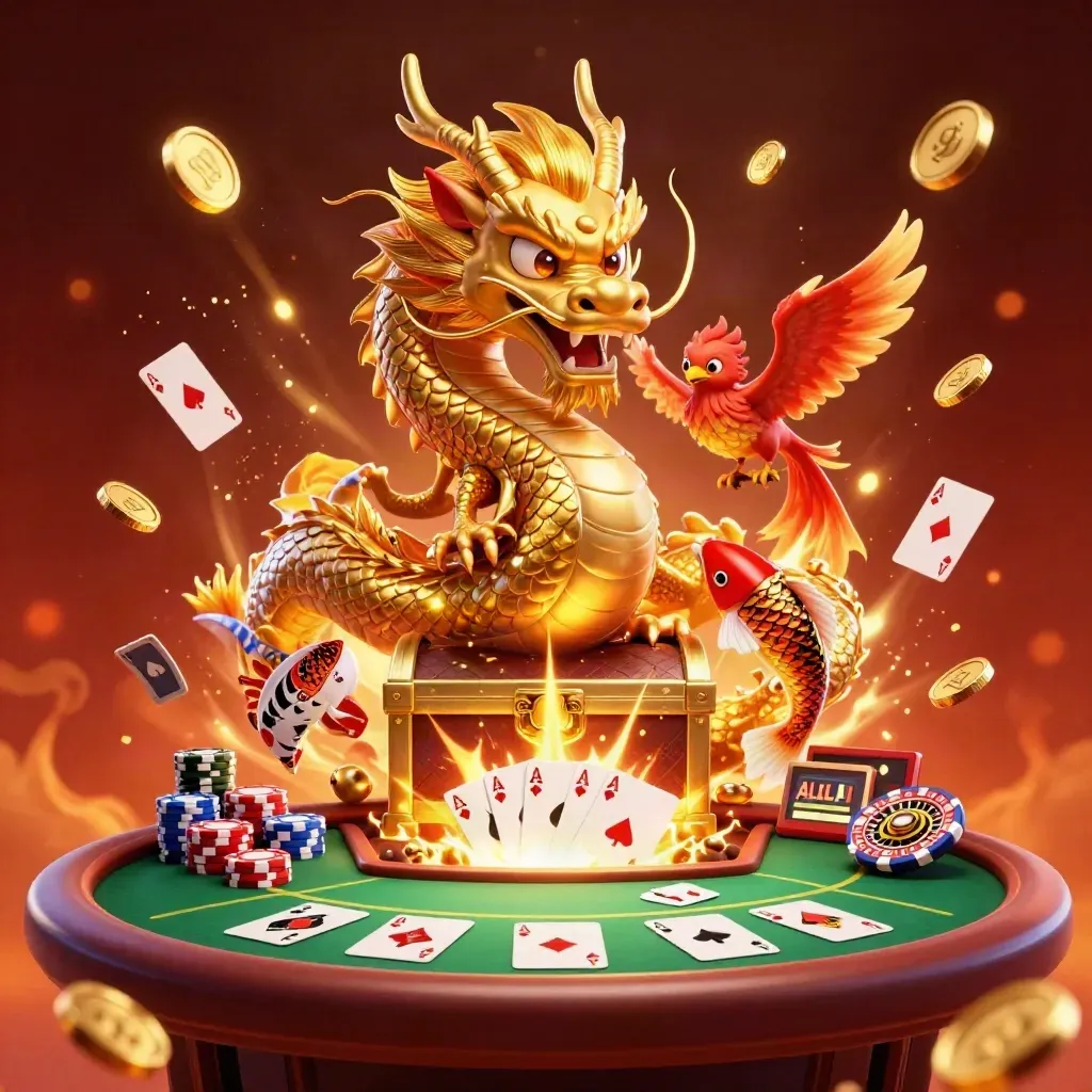 Golden dragon with phoenix and koi amid casino treasures, coins, cards, and neon glow.