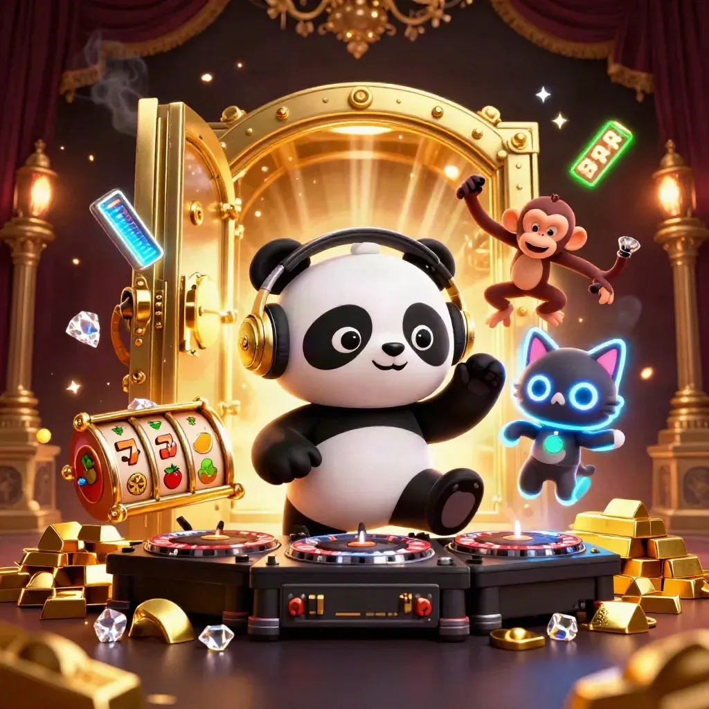 DJ panda, breakdancing monkey, and neon kitten amid casino gold, roulette wheels, and electric blue glow