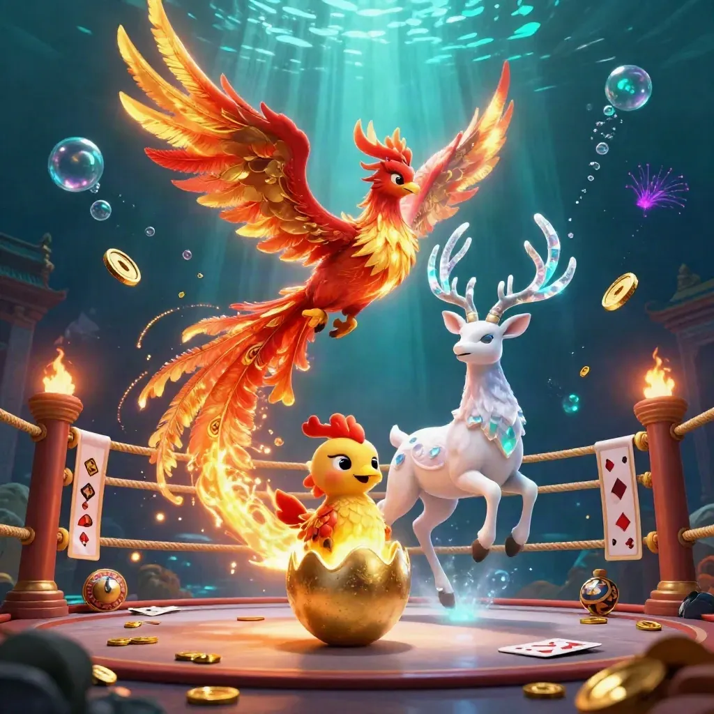 Fire phoenix, baby phoenix, and crystal-antler stag amid treasure, coins, and casino effects.