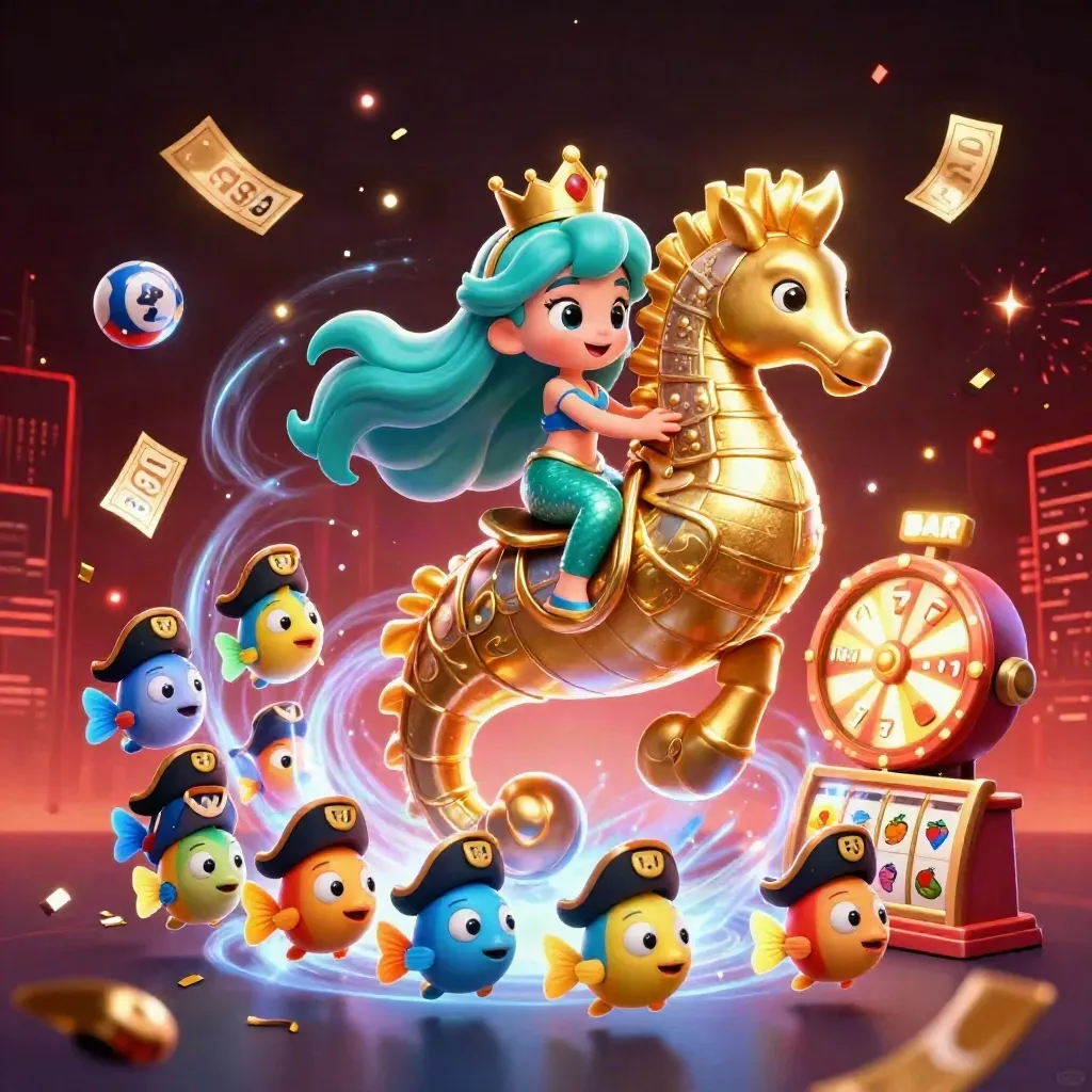 Mermaid princess on a gold seahorse amid casino reels, lottery balls, and neon sparks.