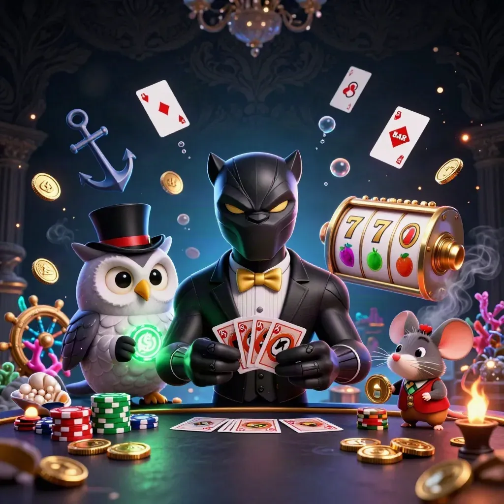 Panther, owl, and mouse casino heroes amid coins, cards, coral, and blue-green glow.
