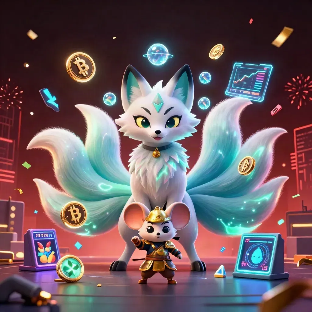 Fox spirit and samurai mouse amid casino coins, charts, lightning, and neon effects.