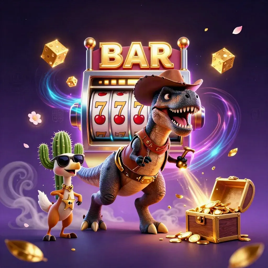 Cowboy T-Rex, cactus sidekick, and roadrunner burst from a jackpot slot machine in neon casino art.