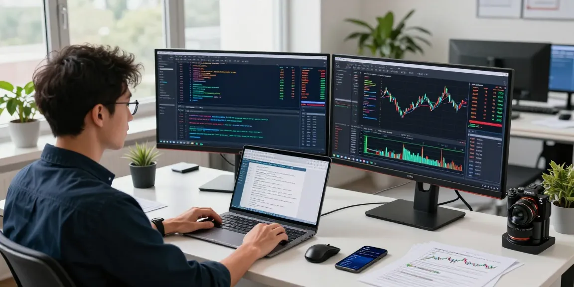 Real-time forex API development featuring an agriculture WebSocket stream API on dual monitors, showcasing technical analysis.