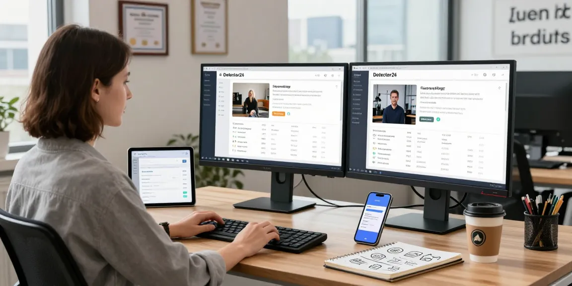 Detect AI image analysis in a modern content moderation workspace with dual monitors displaying results, a tablet for community metrics, and urban skyline.