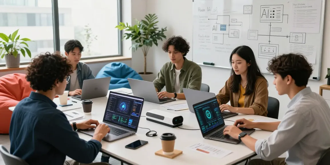 Team of AI specialists working together to crush on ai during an innovative data analysis session.